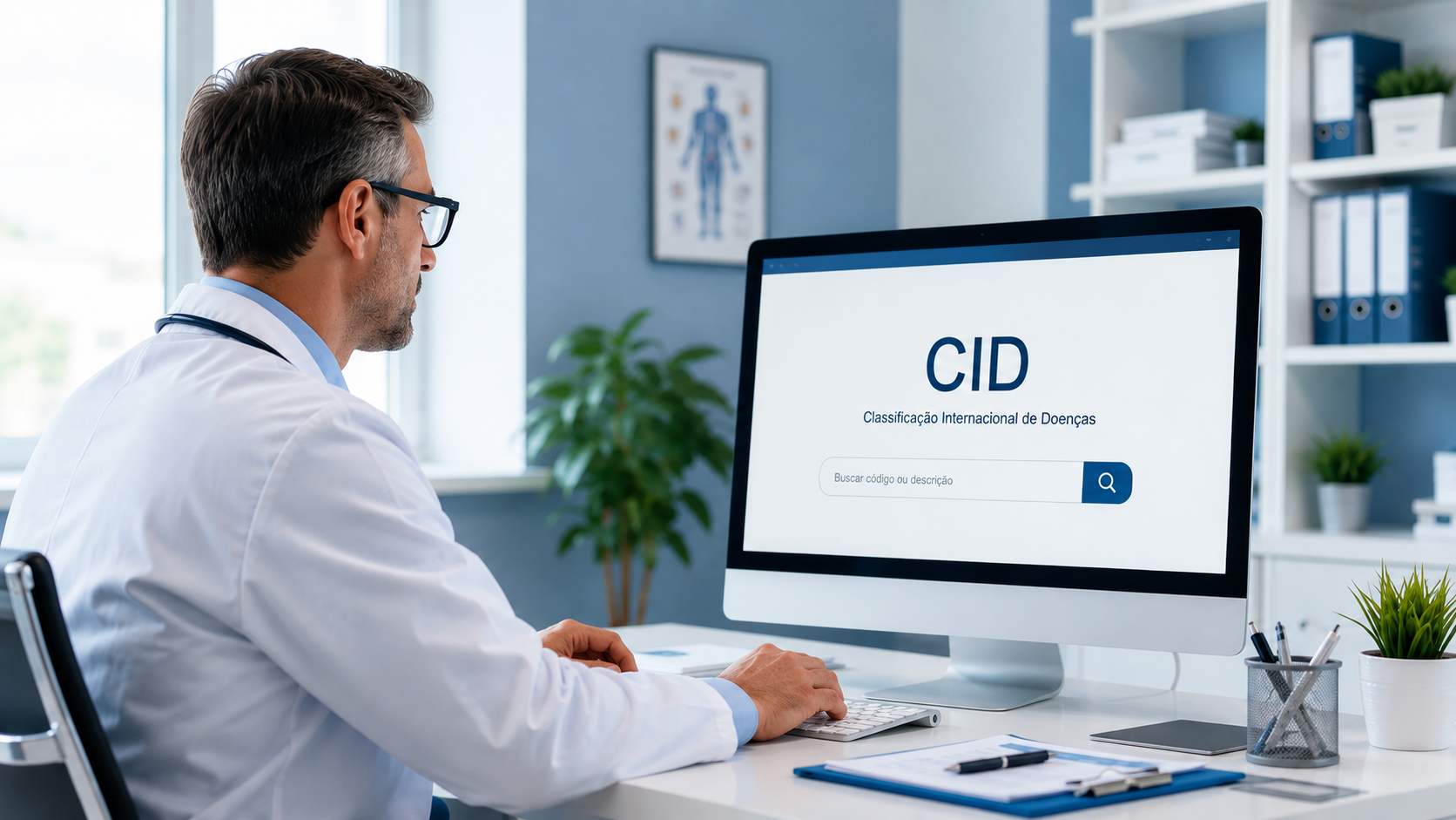 Profissional de saúde consultando a classificação CID em um computador