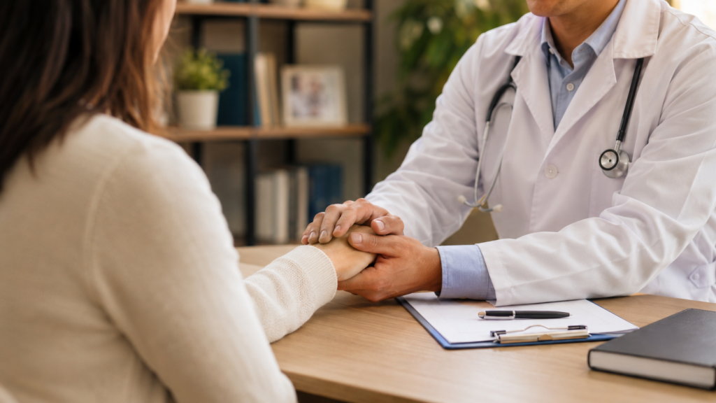 Médico acolhe paciente durante conversa em consultório.