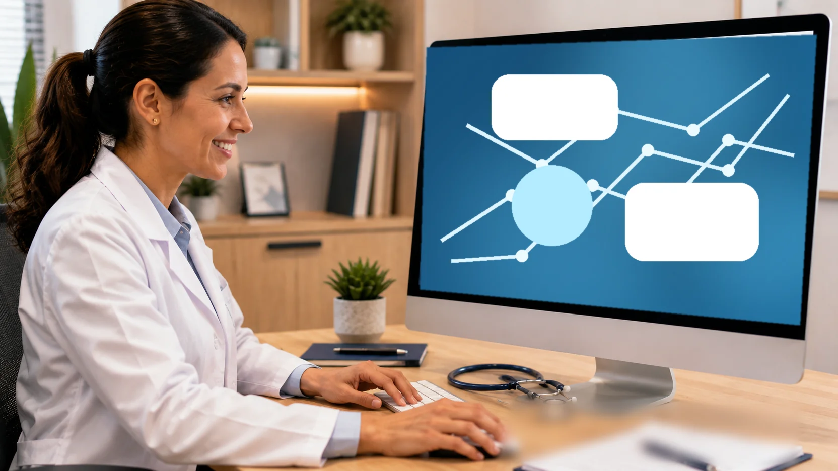 Médica utilizando computador em consultório com visualização abstrata de dados na tela